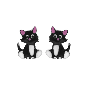 BOUCLES D'OREILLES TIGE ARGENT RHODIÉ CHAT EMAILLÉ