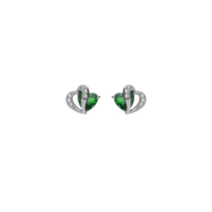 BOUCLES D'OREILLES TIGE ARGENT RHODIÉ DOUBLE COEUR OXYDE VERT ET BLANCS