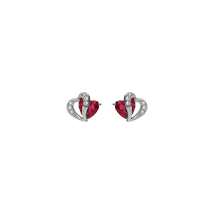 BOUCLES D'OREILLES TIGE ARGENT RHODIÉ DOUBLE COEUR OXYDE ROUGE ET BLANCS