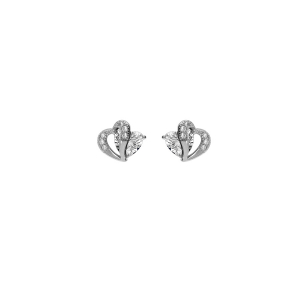BOUCLES D'OREILLES TIGE ARGENT RHODIÉ DOUBLE COEUR OXYDE BLANCS