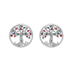 BOUCLES D'OREILLES TIGE ARGENT RHODIÉ ARBRE DE VIE RÉSINE MULTI COULEURS