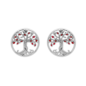 BOUCLES D'OREILLES TIGE ARGENT RHODIÉ ARBRE DE VIE RÉSINE ROUGE