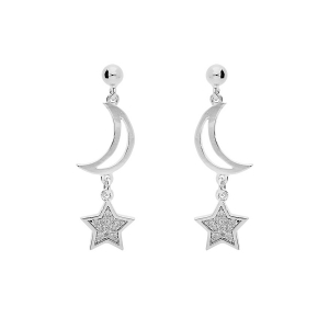 BOUCLES D'OREILLES TIGE ARGENT PLATINÉ LUNES ET ETOILES OXYDES BLANCS SERTIS
