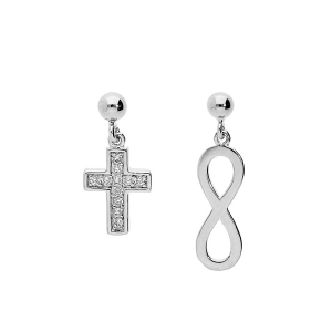 BOUCLES D'OREILLES TIGE ARGENT PLATINÉ 1 INFINI ET 1 CROIX OXYDES BLANCS SERTIS