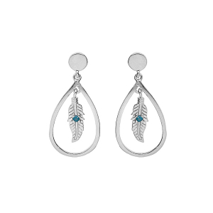 BOUCLES D'OREILLES TIGE ARGENT PLATINÉ GOUTTE EVIDÉE AVEC PLUME ET OXYDE BLEU