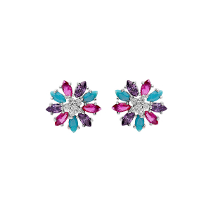 BOUCLES D'OREILLES TIGE ARGENT RHODIÉ FLEUR OXYDES MULTI COULEURS