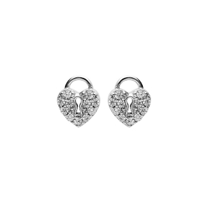 BOUCLES D'OREILLES TIGE ARGENT RHODIÉ CADENAS COEUR PAVÉ OXYDES BLANCS