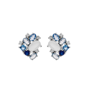 BOUCLES D'OREILLES TIGE ARGENT RHODIÉ OXYDES BLEUS ET BLANCS
