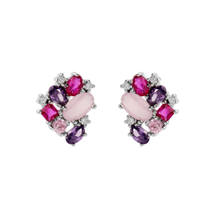 BOUCLES D'OREILLES TIGE ARGENT RHODIÉ OXYDES ROSES ET VIOLETS