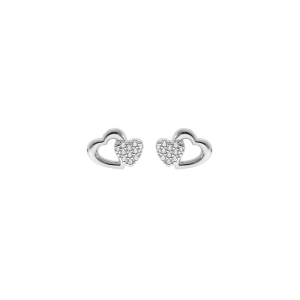 BOUCLES D'OREILLES TIGE ARGENT RHODIÉ DOUBLE COEURS OXYDES BLANCS SERTIS