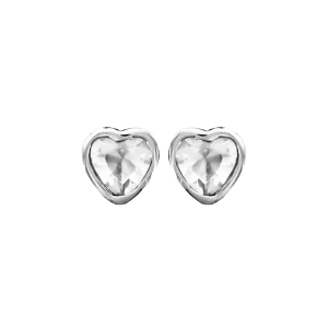 BOUCLES D'OREILLES TIGE ARGENT RHODIÉ COEUR SERTI CLOS PIERRE BLANCHE SYNTHETIQUE