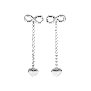 BOUCLES D'OREILLES TIGE ARGENT RHODIÉ MOTIF INFINI CHAINETTE ET COEUR