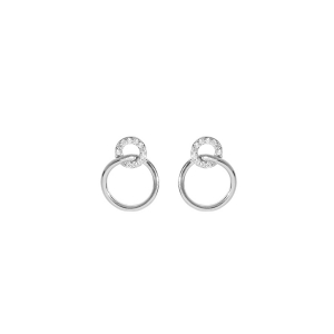 BOUCLES D'OREILLES TIGE ARGENT RHODIÉ 2 RONDS 1 AVEC OXYDES BLANCS ET 1 LISSE