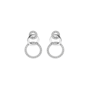 BOUCLES D'OREILLES TIGE ARGENT RHODIÉ 3 RONDS 1 LISSE ET 2 AVEC OXYDES BLANCS SERTIS
