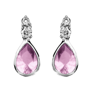 BOUCLES D'OREILLES TIGE ARGENT RHODIÉ FORME GOUTTE PIERRE ROSE  ET PT PIERRE BLANCHE SYNTH