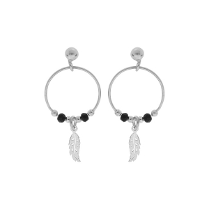 CRÉOLES TIGE ARGENT RHODIÉ 15MM BOULES LISSES ET NOIRES PAMPILLE PLUME