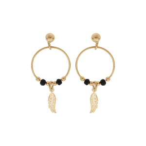 CRÉOLES TIGE ARGENT ET DORURE JAUNE 15MM BOULES LISSES ET NOIRES PAMPILLE PLUME