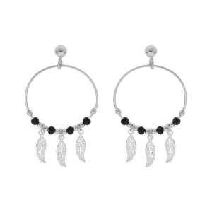 CRÉOLES TIGE ARGENT RHODIÉ 23MM BOULES LISSES ET NOIRES PAMPILLE 3 PLUMES
