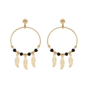 CRÉOLES TIGE ARGENT ET DORURE JAUNE 23MM BOULES LISSES ET NOIRES PAMPILLE 3 PLUMES