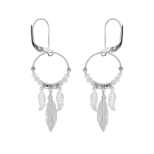 CRÉOLES DORMEUSE ARGENT RHODIÉ 15MM BOULES LISSES ET BLANCHES PAMPILLE 3 PLUMES