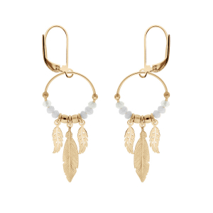 CRÉOLES DORMEUSE ARGENT ET DORURE JAUNE 15MM BOULES LISSES ET BLANCHES PAMPILLE 3 PLUMES