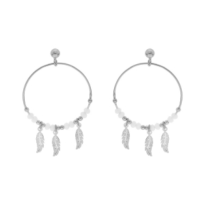 CRÉOLES TIGE ARGENT RHODIÉ 28MM BOULES LISSES ET BLANCHES PAMPILLE 3 PLUMES