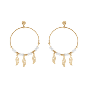 CRÉOLES TIGE ARGENT ET DORURE JAUNE 28MM BOULES LISSES ET BLANCHES PAMPILLE 3 PLUMES