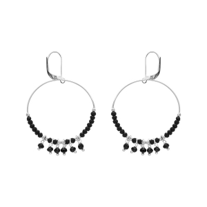 CRÉOLES DORMEUSE ARGENT RHODIÉ 35MM BOULES LISSES ET NOIRES PAMPILLES NOIRES FACETÉES