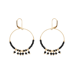 CRÉOLES DORMEUSE ARGENT ET DORURE JAUNE 35MM BOULES LISSES ET NOIRES PAMPILLES NOIRES FACETÉES