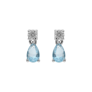 BOUCLES D'OREILLES TIGE ARGENT RHODIÉ OXYDE ROND BLANC SERTI ET GOUTTE BLEU CIEL OPAQUE ASPECT GLACIALE
