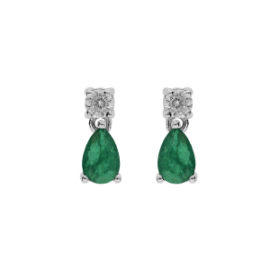 BOUCLES D'OREILLES TIGE ARGENT RHODIÉ OXYDE ROND BLANC SERTI ET GOUTTE OXYDE VERT FONCÉ