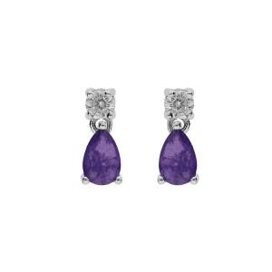 BOUCLES D'OREILLES TIGE ARGENT RHODIÉ OXYDE ROND BLANC SERTI ET GOUTTE OXYDE VIOLET