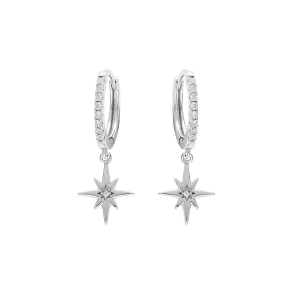 BOUCLES D'OREILLES ARGENT RHODIÉ CRÉOLES ARTICULÉES OXYDES BLANCS SERTIS ET PAMPILLE ETOILE