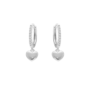 BOUCLES D'OREILLES ARGENT RHODIÉ CRÉOLES ARTICULÉES OXYDES BLANCS SERTIS ET PAMPILLE COEUR