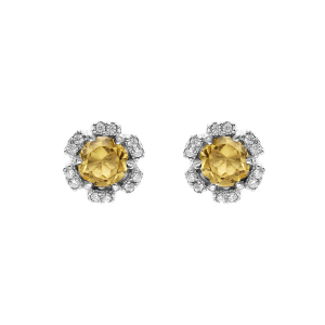 BOUCLES D'OREILLES TIGE ARGENT RHODIÉ FLEUR OXYDES COULEUR MIEL ET BLANCS SERTIS