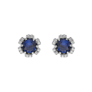 BOUCLES D'OREILLES TIGE ARGENT RHODIÉ FLEUR OXYDES BLEU FONCÉ ET BLANCS SERTIS