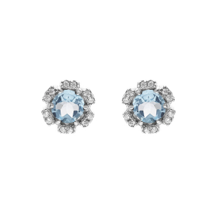 BOUCLES D'OREILLES TIGE ARGENT RHODIÉ FLEUR OXYDES BLEU CIEL ET BLANCS SERTIS