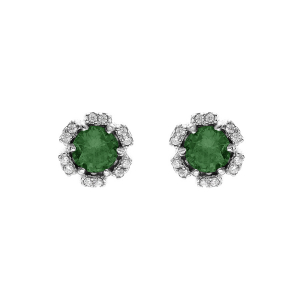 BOUCLES D'OREILLES TIGE ARGENT RHODIÉ FLEUR OXYDES VERT FONCÉ ET BLANCS SERTIS