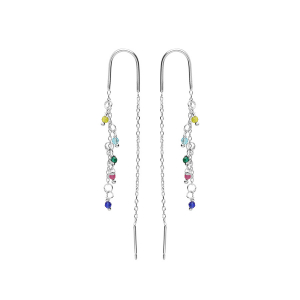 BOUCLES D'OREILLES CHAINETTE ARGENT RHODIÉ PAMPILLES BOULES EMPIÉRRÉES MULTI COULEURS