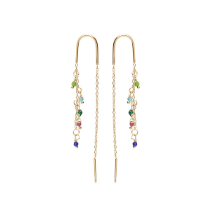 BOUCLES D'OREILLES CHAINETTE ARGENT ET DORURE JAUNE PAMPILLES BOULES EMPIÉRRÉES MULTI COULEURS