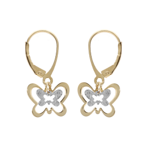 BOUCLES D'OREILLES DORMEUSE BICOLORE ARGENT ET DORURE JAUNE DOUBLE PAPILLON