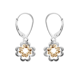 BOUCLES D'OREILLES DORMEUSE BICOLORE ARGENT RHODIÉ ET DORURE JAUNE DOUBLE FLEUR