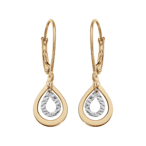 BOUCLES D'OREILLES DORMEUSE BICOLORE ARGENT RHODIÉ ET DORURE JAUNE DOUBLE GOUTTE