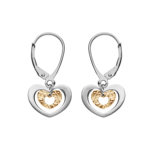 BOUCLES D'OREILLES DORMEUSE BICOLORE ARGENT RHODIÉ ET DORURE JAUNE DOUBLE COEUR