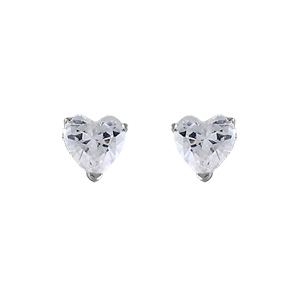 BOUCLES D'OREILLES TIGE ARGENT RHODIÉ COEUR PIERRE BLANCHE SYNTHETIQUE 3 GRIFFES