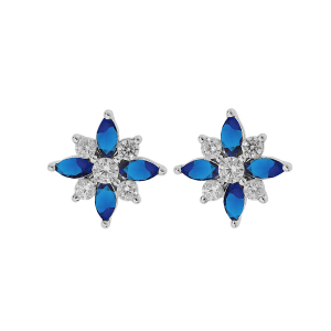 BOUCLES D'OREILLES TIGE ARGENT RHODIÉ FLEUR OXYDES BLANCS ET BLEUS SERTIS