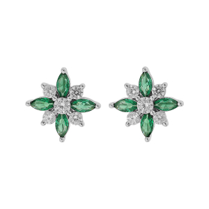 BOUCLES D'OREILLES TIGE ARGENT RHODIÉ FLEUR OXYDES BLANCS ET VERT SERTIS