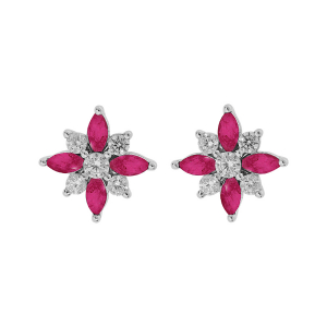 BOUCLES D'OREILLES TIGE ARGENT RHODIÉ FLEUR OXYDES BLANCS ET FUSHIA SERTIS