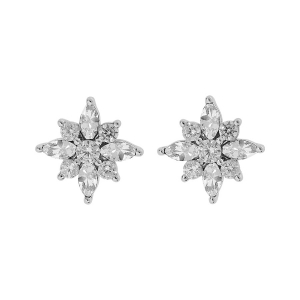 BOUCLES D'OREILLES TIGE ARGENT RHODIÉ FLEUR OXYDES BLANCS SERTIS