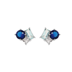 BOUCLES D'OREILLES TIGE ARGENT RHODIÉ 3 OXYDES BLEUS ET BLANC SERTIS